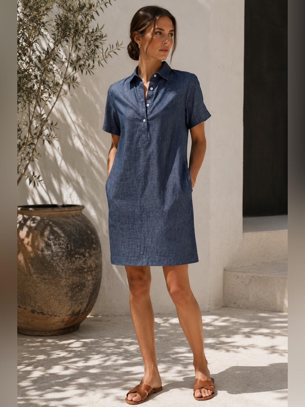8.15 August Fifteenth Linen Blend Shirt Dress Chambray Pockets XS